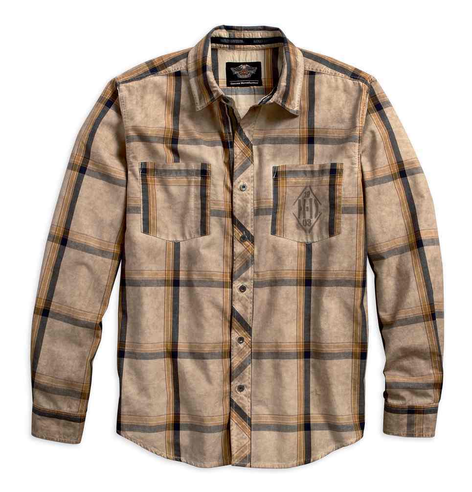 96445 17VM Harley Davidson® Mens Tea Stained Long Sleeve Plaid Woven Shirt
