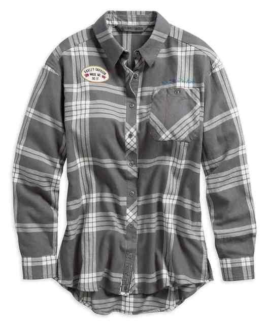 H96328-19VW Camisa Women's Eagle Grey Plaid Shirt. Harley Davidson
