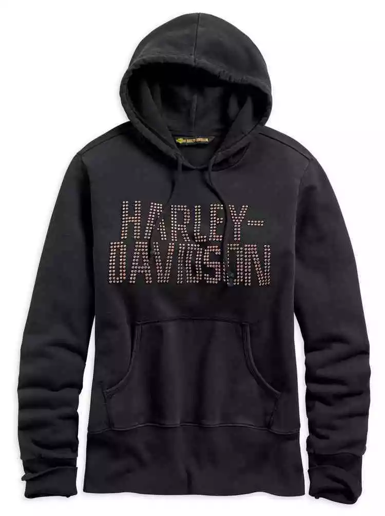 H96352-19VW Women's Studded Graphic Pullover Hoodie, Black. Harley-Davidson®